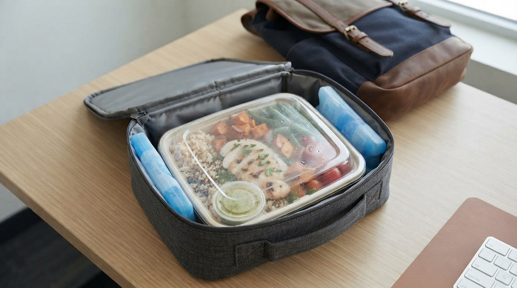 Insulated lunch bag with cold sources for packed work lunches