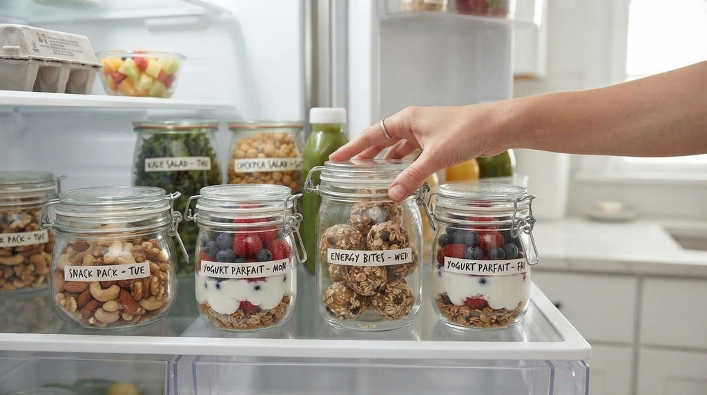 Refrigerator shelf organized with prepared meal prep snacks in labeled jars
