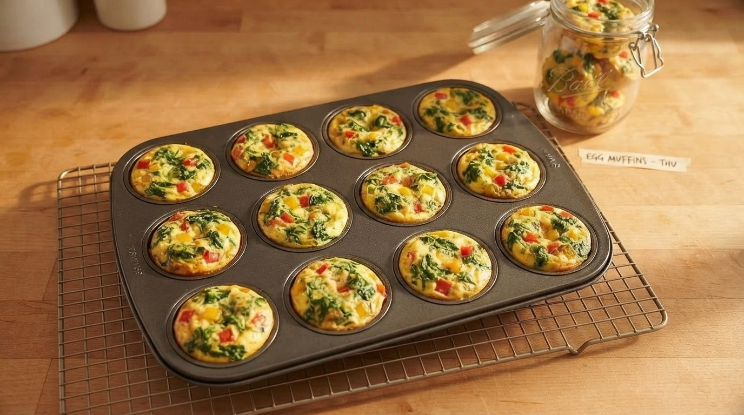 Egg muffin snacks cooling on a rack as part of weekly meal prep
