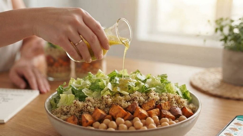 Pouring dressing separately onto a meal prep salad to prevent sogginess
