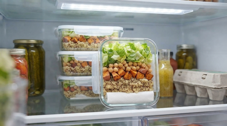 Meal prep salad containers stored in the fridge to stay fresh all week