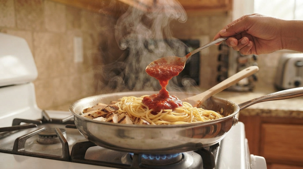 Reheating meal prep pasta on the stovetop with added sauce for better texture
