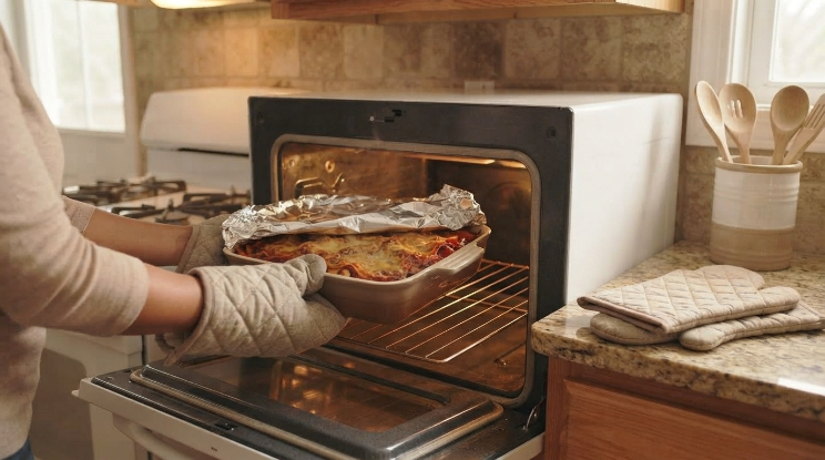 Reheating a meal prep casserole in the oven covered with foil