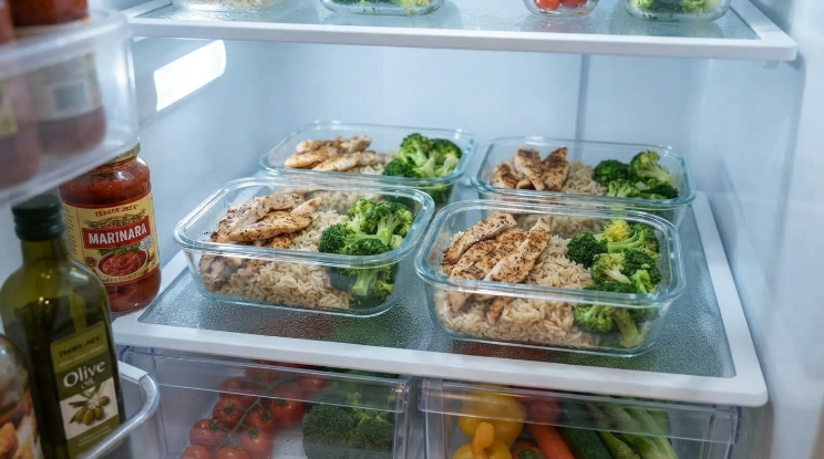 Portioned meal prep containers stored in a refrigerator
