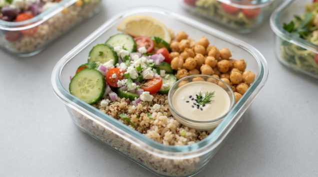  Mediterranean chickpea meal prep bowl with sauce on the side
