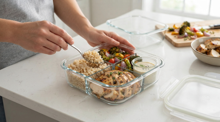 Packing a healthy meal prep bowl with chicken and vegetables
