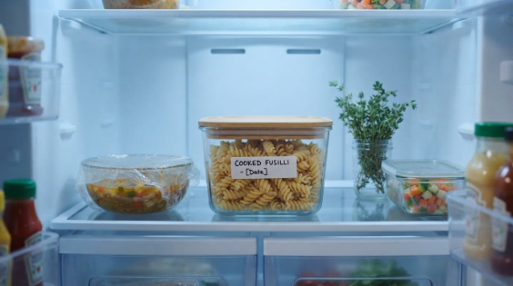  Properly refrigerated cooked pasta stored in a clear container inside a home refrigerator
