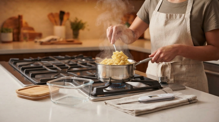 Safely reheating refrigerated leftover pasta on the stovetop with a food thermometer nearby
