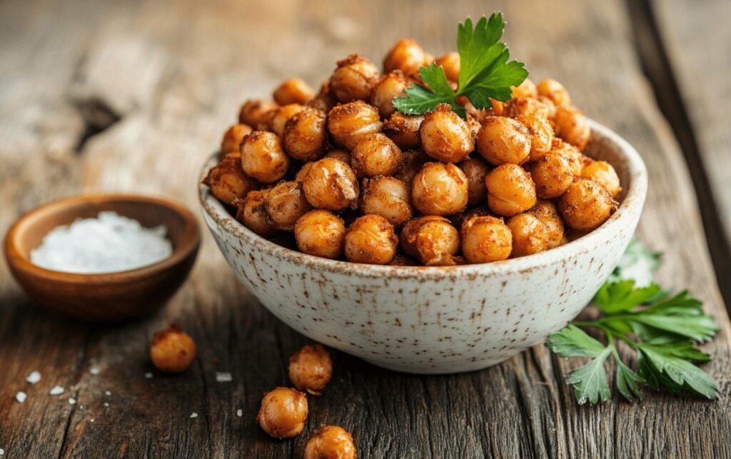 : Crispy roasted chickpeas seasoned with paprika and garlic
