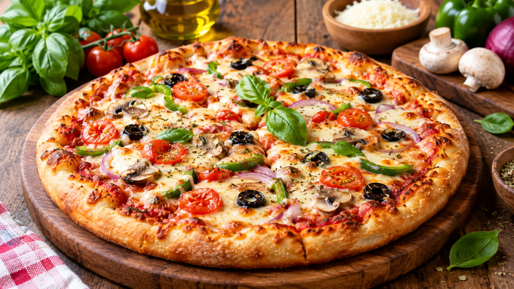 Homemade pizza recipe with melted cheese and fresh toppings