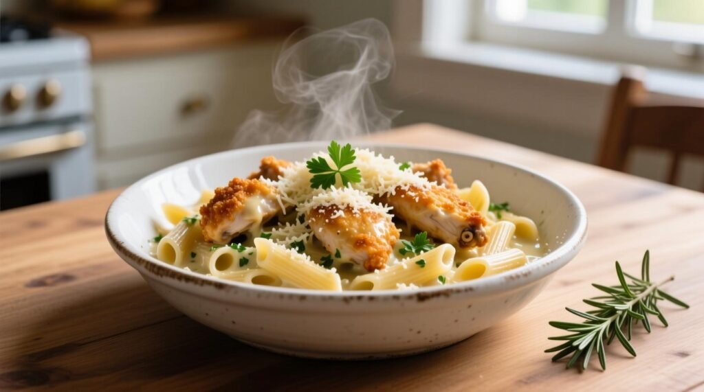 Creamy garlic parmesan chicken pasta with tender chicken pieces and fresh parsley.
