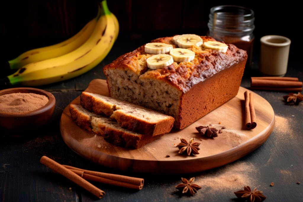 Homemade banana bread without baking soda made with ripe bananas and baking powder.