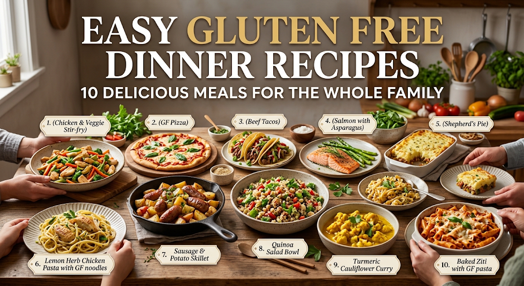 Easy Gluten Free Dinner Recipes with chicken, rice, and fresh vegetables