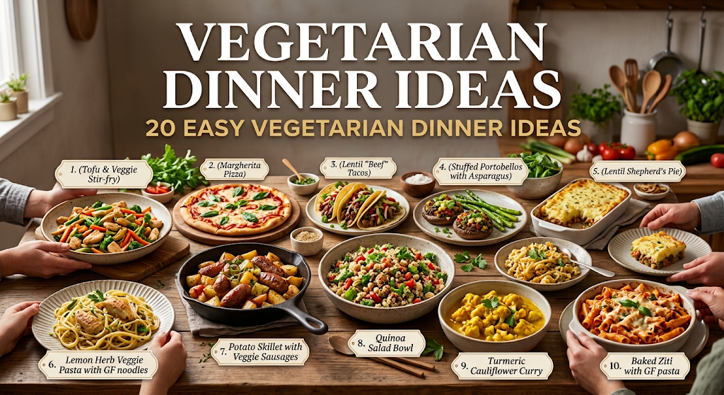 Vegetarian Dinner Ideas featuring colourful roasted vegetables, pasta, and chickpeas