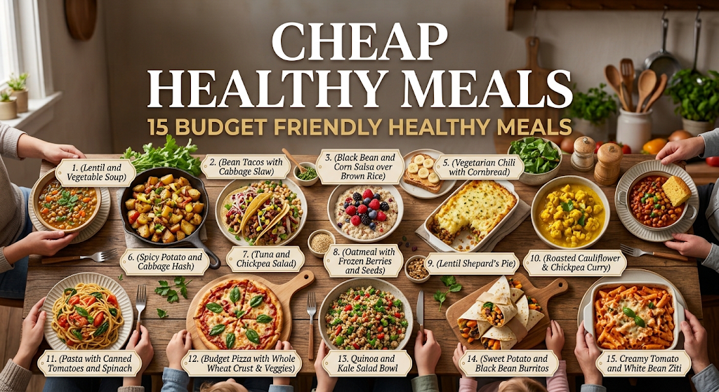 Cheap Healthy Meals featuring lentil soup, vegetable rice, and fresh ingredients